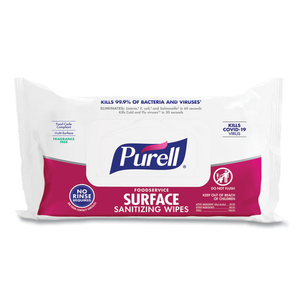 Foodservice Surface Sanitizing Wipes, 7.4 x 9, Fragrance-Free, 72/Pouch, 12 Pouches/Carton [SKU: GOJ937112CT]
