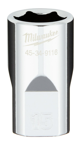 Milwaukee 45-34-9116 Socket, 15 mm Socket, 1/2 in Drive, 6-Point, Chrome Vanadium Steel, Chrome [SKU: ORG1388412]