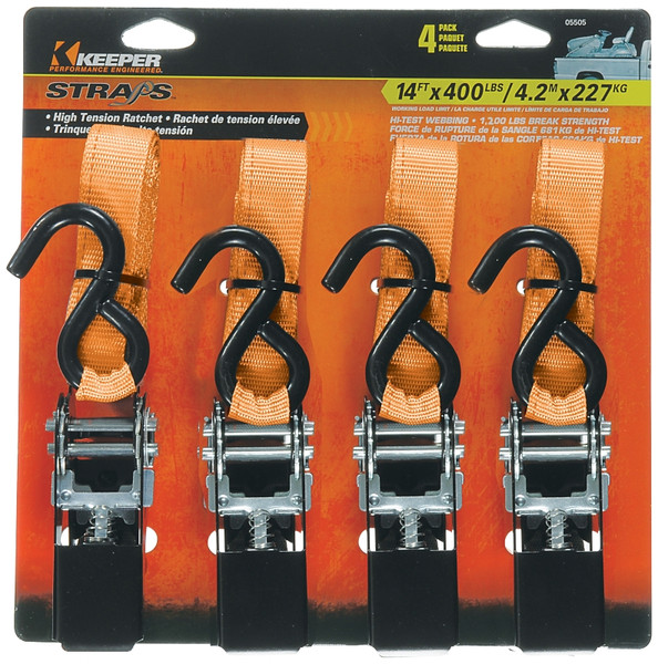 KEEPER 05505 Tie-Down, 1 in W, 14 ft L, Polyester, Gray, 400 lb, S-Hook End Fitting [SKU: ORG6995179]