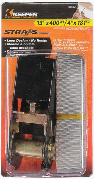 KEEPER 89512 Tie-Down Strap, 1 in W, 13 ft L, Gray, 400 lb Working Load, Loop End [SKU: ORG4698726]