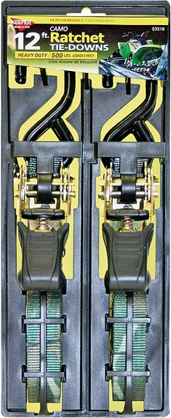 KEEPER 03518 Tie-Down, 1 in W, 12 ft L, Polyester, Camouflage, 500 lb, S-Hook End Fitting [SKU: ORG3129509]