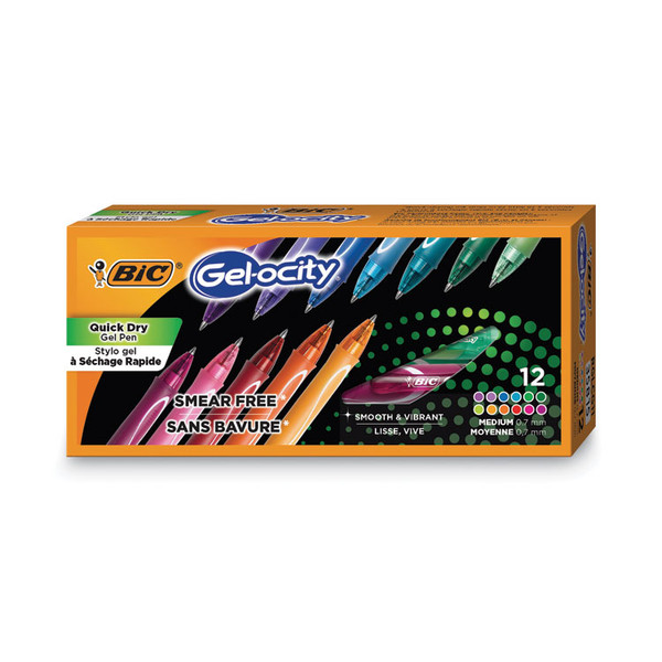 Gel-ocity Quick Dry Gel Pen, Retractable, Fine 0.7 mm, 12 Assorted Ink and Barrel Colors, Dozen [SKU: BICRGLCGA11AST]
