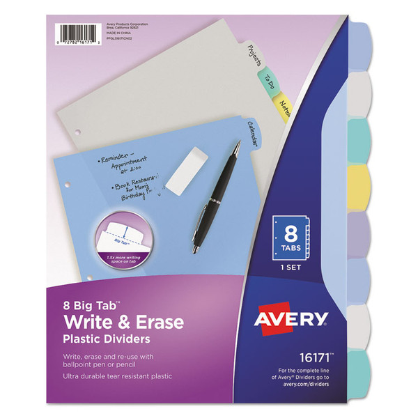 Write and Erase Big Tab Durable Plastic Dividers, 3-Hole Punched, 8-Tab, 11 x 8.5, Assorted, 1 Set [SKU: AVE16171]