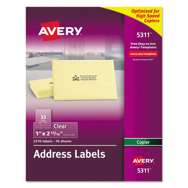 Copier Mailing Labels, Copiers, 1 x 2.81, Clear, 33/Sheet, 70 Sheets/Pack [SKU: AVE5311]