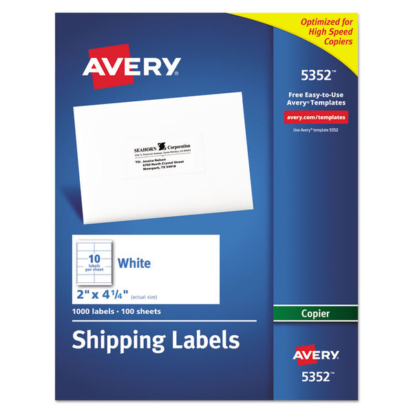 Copier Mailing Labels, Copiers, 2 x 4.25, White, 10/Sheet, 100 Sheets/Box [SKU: AVE5352]