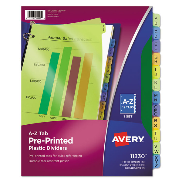 Durable Preprinted Plastic Tab Dividers, 12-Tab, A to Z, 11 x 8.5, Assorted, 1 Set [SKU: AVE11330]