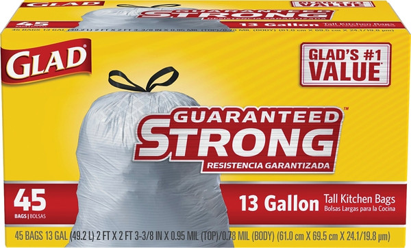 GLAD 78362 Tall Kitchen Trash Bag, 13 gal Capacity, LLDPE, White [SKU: ORG7120710]