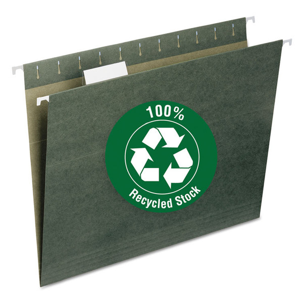 100% Recycled Hanging File Folders, Letter Size, 1/5-Cut Tabs, Standard Green, 25/Box [SKU: SMD65001]