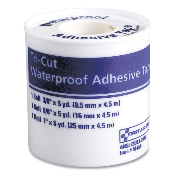 Tri-Cut Waterproof-Adhesive Medical Tape with Dispenser, Tri-Cut Width (0.38", 0.63", 1"), 5 yds Long [SKU: FAO730013]