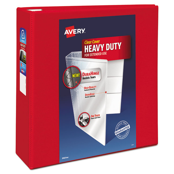 Heavy-Duty View Binder with DuraHinge and Locking One Touch EZD Rings, 3 Rings, 4" Capacity, 11 x 8.5, Red [SKU: AVE79326]