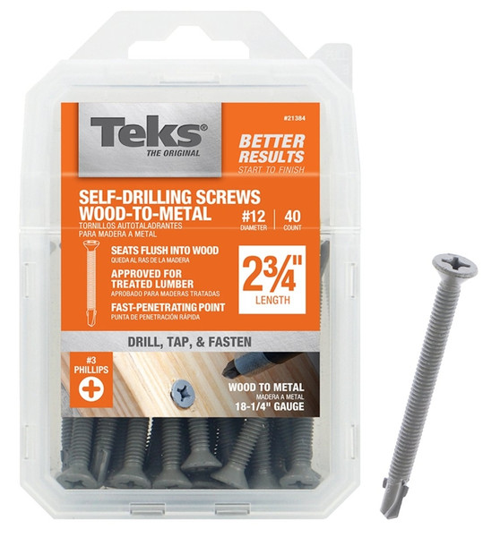 Teks 21384 Screw, #12 Thread, 2-3/4 in L, Coarse Thread, Flat Head, Phillips Drive, Self-Drilling, Self-Tapping Point [SKU: ORG1374073]