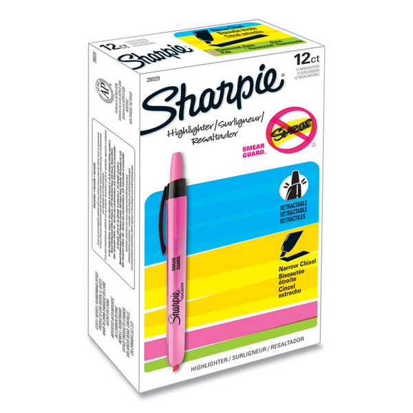 Retractable Highlighters, Fluorescent Pink Ink, Chisel Tip, Pink/Black Barrel, Dozen [SKU: SAN28029]
