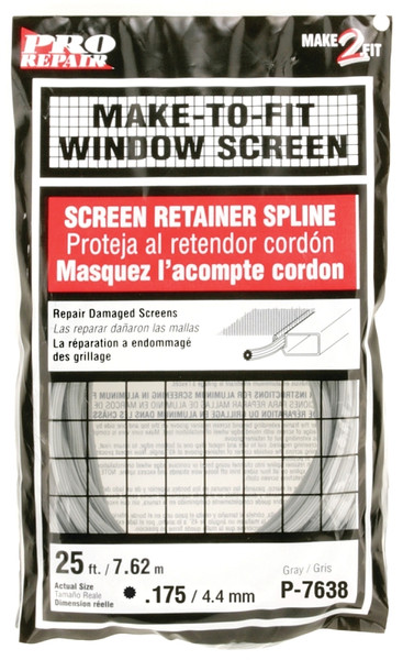 Make-2-Fit P 7638 Screen Retainer Spline, 0.175 in D, 25 ft L, Vinyl, Gray, Round [SKU: ORG2309235]