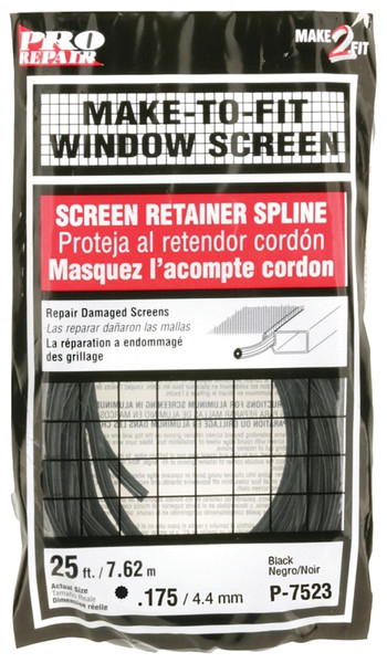 Make-2-Fit P 7523 Screen Retainer Spline, 0.175 in D, 25 ft L, Vinyl, Black, Round [SKU: ORG7847106]