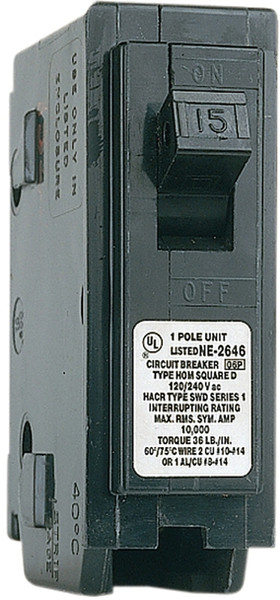 Square D Homeline HOM115CP Circuit Breaker, Mini, 15 A, 1 -Pole, 120 V, Fixed Trip, Plug Mounting, Black [SKU: ORG6721294]