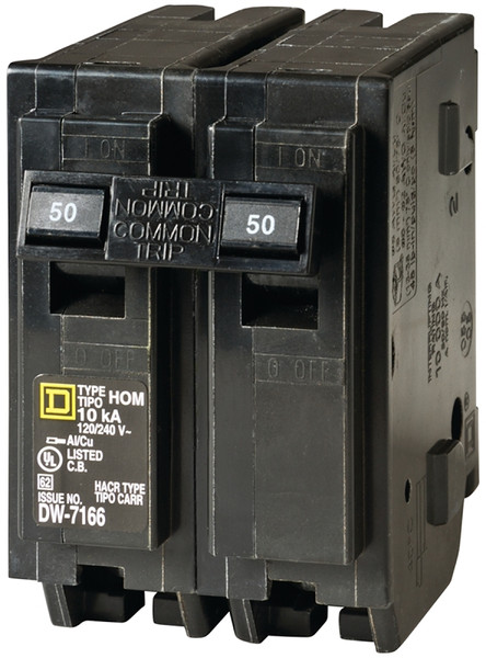 Square D Homeline HOM250CP Circuit Breaker, Mini, 50 A, 2 -Pole, 120/240 V, Fixed Trip, Plug Mounting, Black [SKU: ORG6721369]