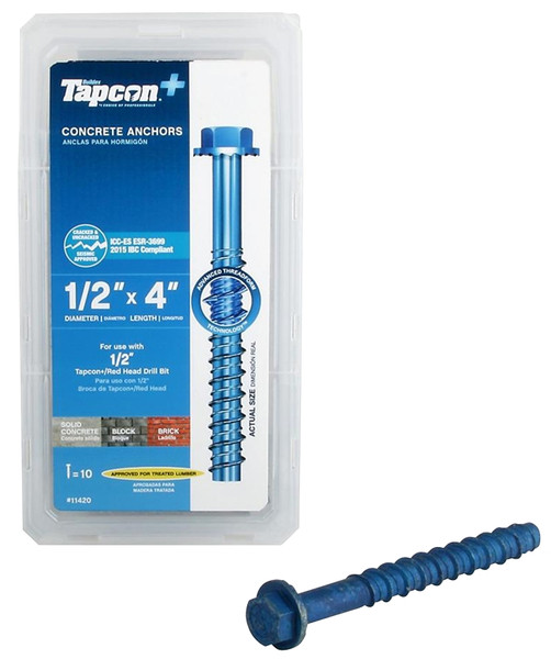 Buildex Tapcon 11420 Concrete Screw Anchor, 1/2 in Dia, 4 in L, Steel, Zinc [SKU: ORG5150032]