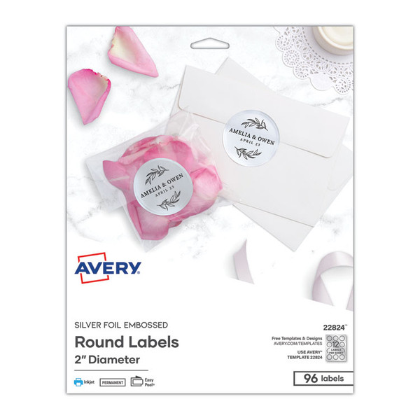 Round Labels, Inkjet Printers, 2" dia, Silver, 12/Sheet, 8 Sheets/Pack [SKU: AVE22824]