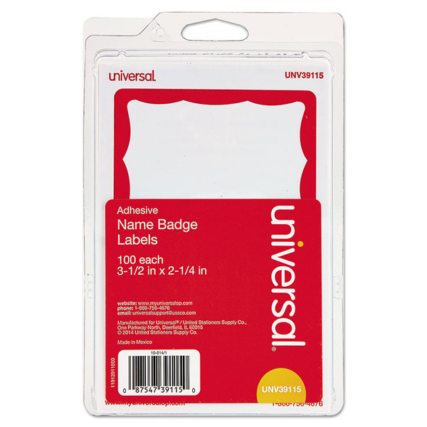Border-Style Self-Adhesive Name Badges, 3 1/2 x 2 1/4, White/Red, 100/Pack [SKU: UNV39115]