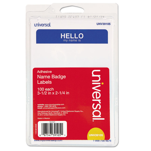 Hello" Self-Adhesive Name Badges, 3 1/2 x 2 1/4, White/Blue, 100/Pack [SKU: UNV39105]