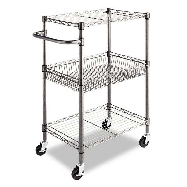 Three-Tier Wire Cart with Basket, Metal, 2 Shelves, 1 Bin, 500 lb Capacity, 28" x 16" x 39", Black Anthracite [SKU: ALESW342416BA]
