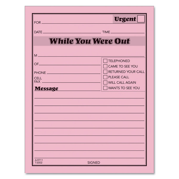 Pink Message Pad, One-Part (No Copies), 4.25 x 5.5, 50 Forms/Pad, 12 Pads/Pack [SKU: TOP3002P]