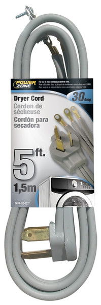 PowerZone Power Supply Dryer Cord, 10 AWG Cable, 5 ft L, 30 A, 250 V, Gray [SKU: ORG4550257]