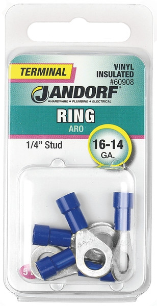 Jandorf 60908 Ring Terminal, 16 to 14 AWG Wire, 1/4 in Stud, Vinyl Insulation, Copper Contact, Blue [SKU: ORG3401130]