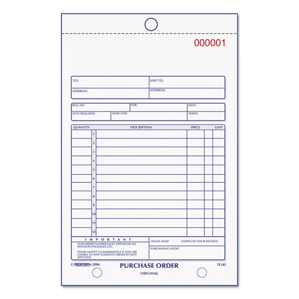 Purchase Order Book, 12 Lines, Three-Part Carbonless, 5.5 x 7.88, 50 Forms Total [SKU: RED1L141]