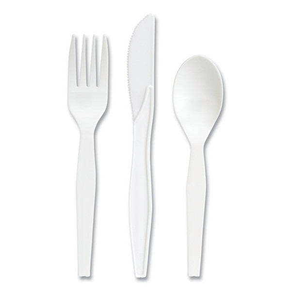 Mediumweight Plastic Cutlery, Fork/Knife/Teaspoon, White, 100 Sets/Pack [SKU: PRK24390994]