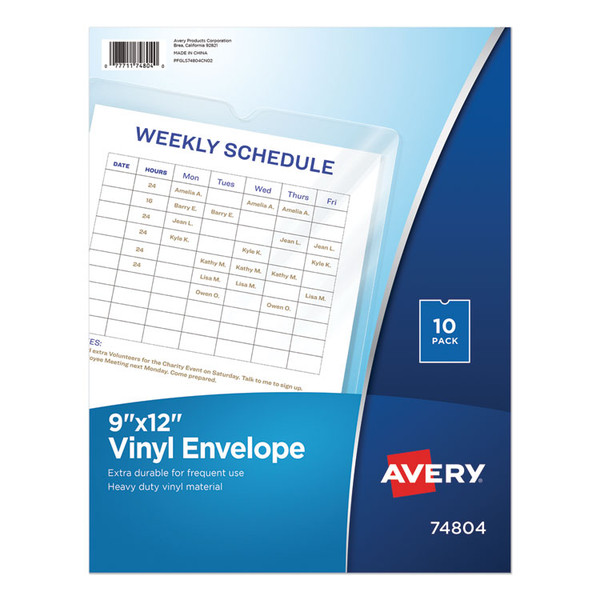 Top-Load Clear Vinyl Envelopes w/Thumb Notch, 9 x 12, Clear, 10/Pack [SKU: AVE74804]