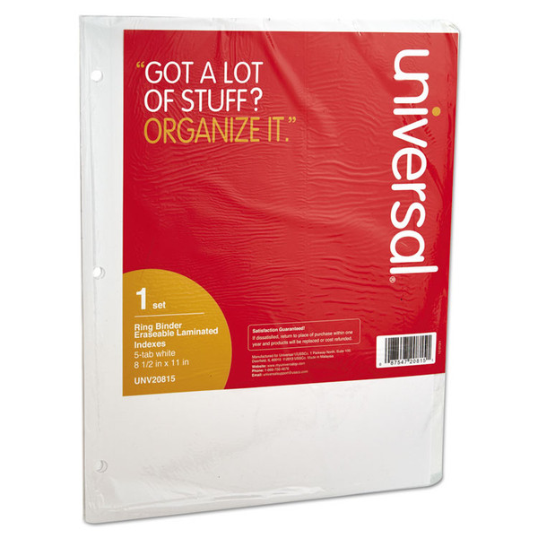 Deluxe Write-On/Erasable Tab Index, 5-Tab, 11 x 8.5, White, White Tabs, 1 Set [SKU: UNV20815]