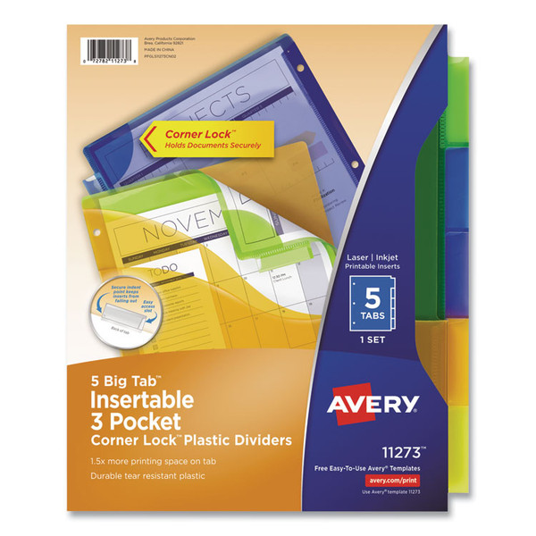 Insertable Big Tab Plastic Three-Pocket Corner Lock Dividers, 5-Tab, 11.13 x 9.25, Assorted, 1 Set [SKU: AVE11273]