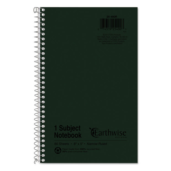 Earthwise by Oxford Recycled One-Subject Notebook, Narrow Rule, Green Cover, 8 x 5, 80 Sheets [SKU: TOP25400]