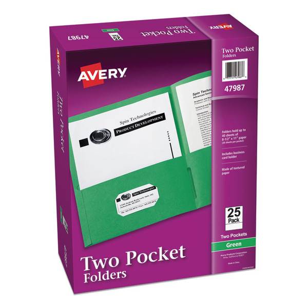 Two-Pocket Folder, 40-Sheet Capacity, 11 x 8.5, Green, 25/Box [SKU: AVE47987]