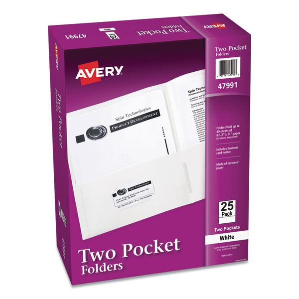Two-Pocket Folder, 40-Sheet Capacity, 11 x 8.5, White, 25/Box [SKU: AVE47991]