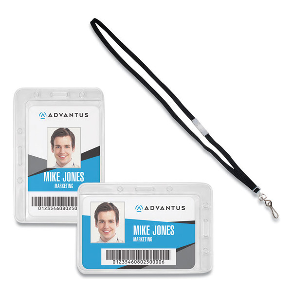Antimicrobial ID Security Badge Lanyard Combo, Horizontal, Clear 4.13" x 2.88" Holder, 3.5" x 2.25" Insert, 36" Cord, 20/Pack [SKU: AVT75699]