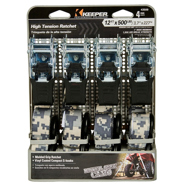 KEEPER 43509 Tie-Down, 1 in W, 12 ft L, Digital Grey Camo, 500 lb, Compact S-Hook End Fitting [SKU: ORG8927105]