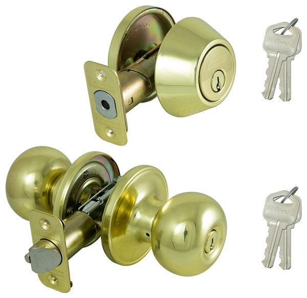 ProSource Deadbolt and Entry Lockset, 3 Grade, Ball Handle, Keyed Alike Key, Brass, Polished Brass [SKU: ORG5328406]