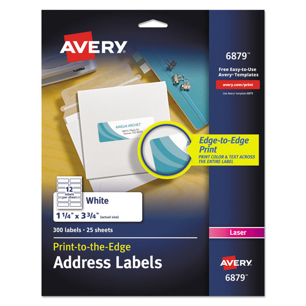 Vibrant Laser Color-Print Labels w/ Sure Feed, 1.25 x 3.75, White, 300/Pack [SKU: AVE6879]