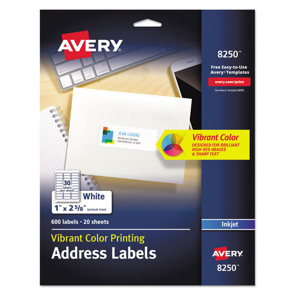 Vibrant Inkjet Color-Print Labels w/ Sure Feed, 1 x 2.63, Matte White, 600/PK [SKU: AVE8250]