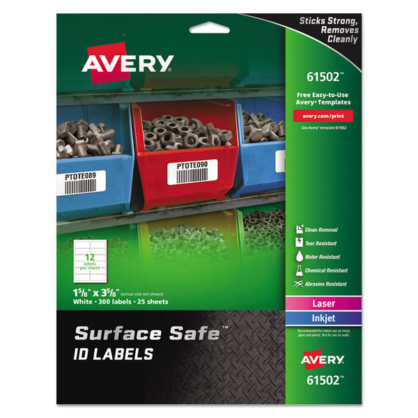 Surface Safe ID Labels, Inkjet/Laser Printers, 1.63 x 3.63, White, 12/Sheet, 25 Sheets/Pack [SKU: AVE61502]