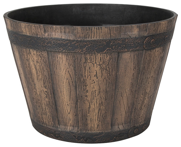 Landscapers Select Barrel Planter, 14-3/4 in Dia, Round, Whiskey Barrel Design, Resin, Weathered Oak [SKU: ORG9139460]