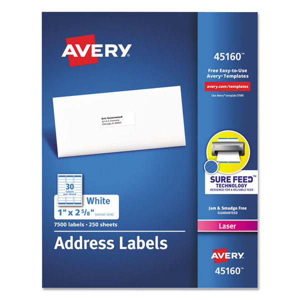 White Address Labels w/ Sure Feed Technology for Laser Printers, Laser Printers, 1 x 2.63, White, 30/Sheet, 250 Sheets/Box [SKU: AVE45160]