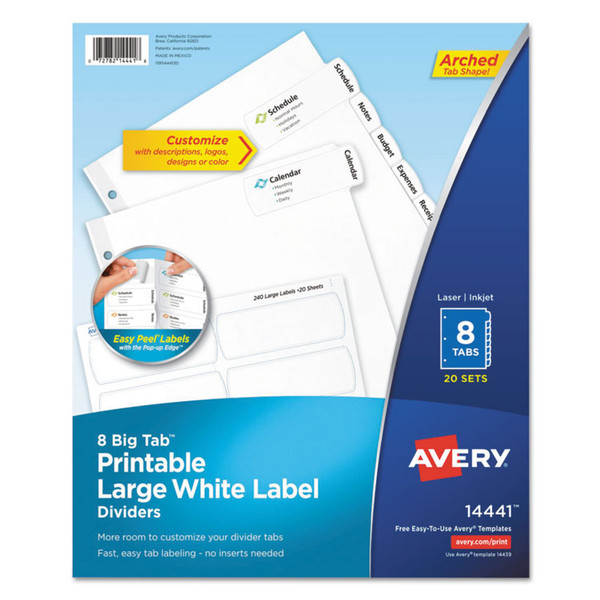 Big Tab Printable Large White Label Tab Dividers, 8-Tab, 11 x 8.5, White, 20 Sets [SKU: AVE14441]