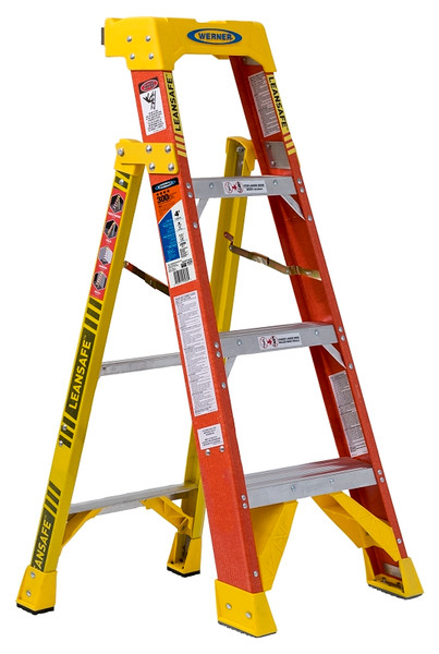 WERNER L6200 Series L6204 Leaning Ladder, 7 ft 3 in, 8 ft 4 in Max Reach H, 4-Step, 300 lb, Fiberglass, Orange/Yellow [SKU: ORG7345317]