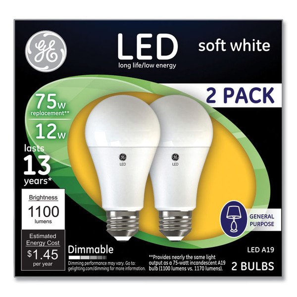 75W LED Bulbs, A19, 12 W, Soft White, 2/Pack [SKU: GEL93127324]