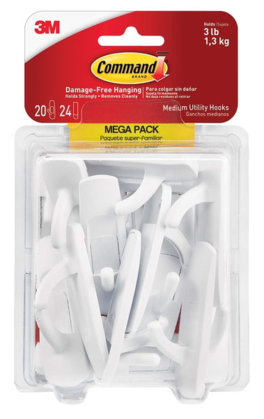 Command 17001-MPES Medium Utility Hook, 3 lb, 20-Hook, Plastic, White [SKU: ORG8991465]