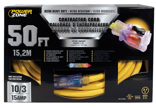 PowerZone Contractor Cord, 10 AWG Cable, 50 ft L, 15 A, 125 V, Yellow [SKU: ORG7526890]