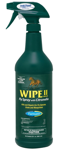 Farnam Wipe II 10140 Fly Spray, Liquid, Pale Yellow, Citronella, 32 oz Bottle [SKU: ORG9997644]